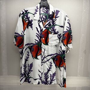 Vintage Impulse Mens M Hawaiian Camp Tropical Fish Coral Shirt Red Purple EUC